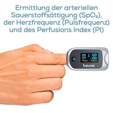 Beurer PO 40 Pulsoximeter, Messung von Sauerstoffsättigung (SpO₂), Herzfrequenz (Puls) und Perfusions Index (PI), schmerzfreie Anwendung, Farbdisplay, Grau - 3